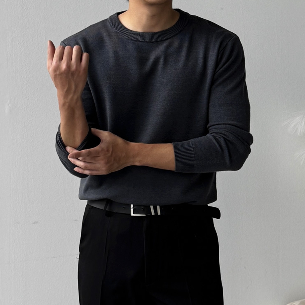 1+1 남자 가을 겨울 부드러운 비스코스 무지 라운드 니트 이미지 6