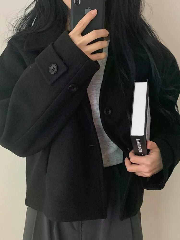 피코트 피콧 우아한 몸집이 작은 자른 모직 자켓 가을 24FW 트위드 탑 숏코트 짧은 기장 베이지 옐로우 S - 상세 이미지 5