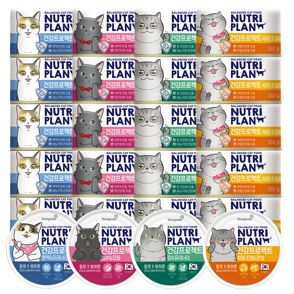 동원 뉴트리플랜 건강프로젝트 뽀짜툰 고양이 캔 통조림 4종 혼합, 160g, 24개