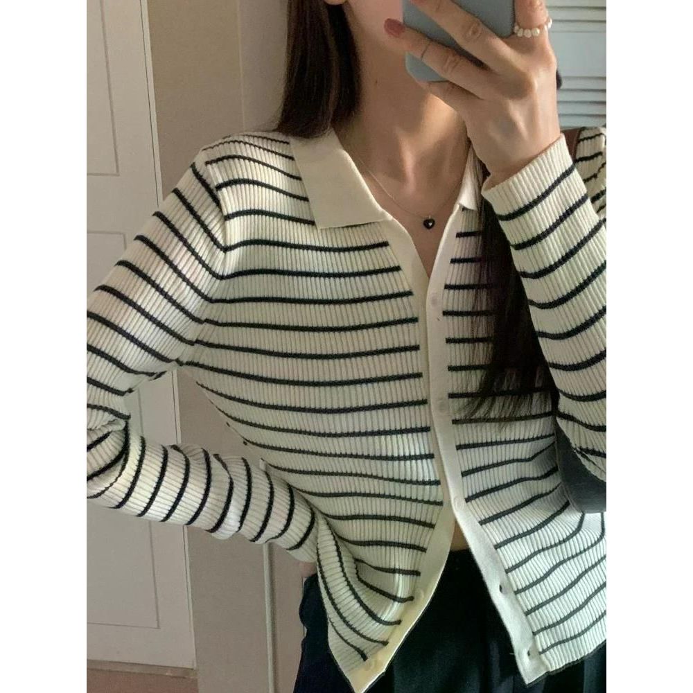 폴로 카라 긴 소매 스트라이프 스웨터 니트 여성 가을 24FW몸집이 작은 카디건 슬림 핏 스트라이프 프리 사이즈