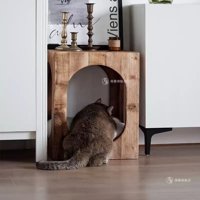 고양이 협탁 침실 펫하우스 고양이집 강아지 동굴 반려동물 침대 사이드테이블 원목 - 상세 이미지 4
