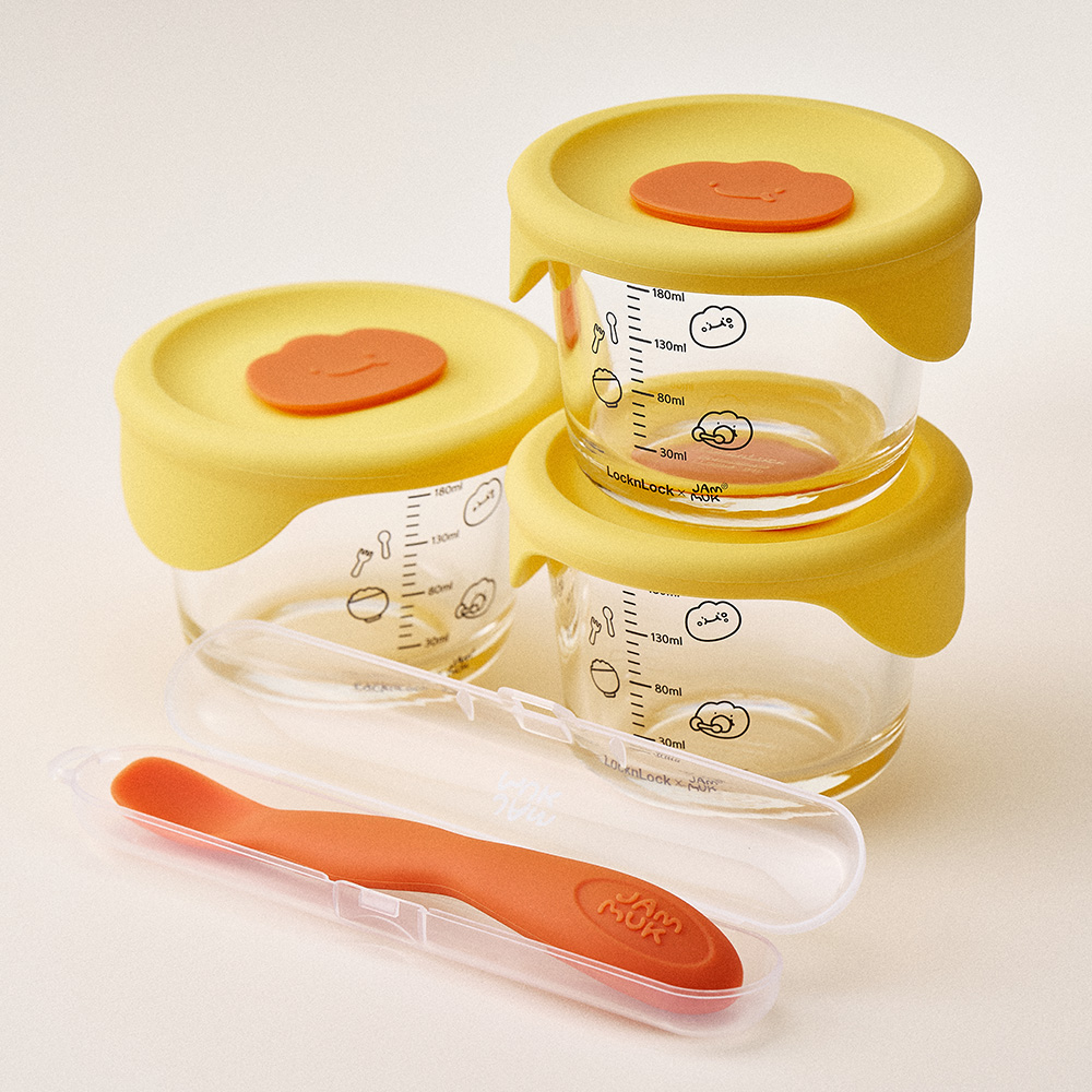 잼먹 락앤락 이유식 유리용기 3P 스푼 세트 아기 그릇 스팀형