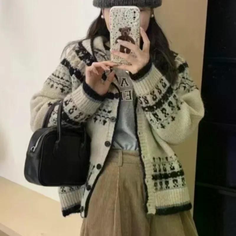 노르딕 자카드 레트로 스웨터 후디드 짧은 겨울 디자인 두꺼운 스타일 니트 가디건 가을 겨울 그레이 싱글 사이즈 - 상세 이미지 2