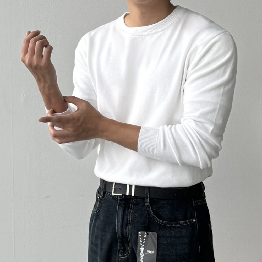 1+1 남자 가을 겨울 부드러운 비스코스 무지 라운드 니트 이미지 7