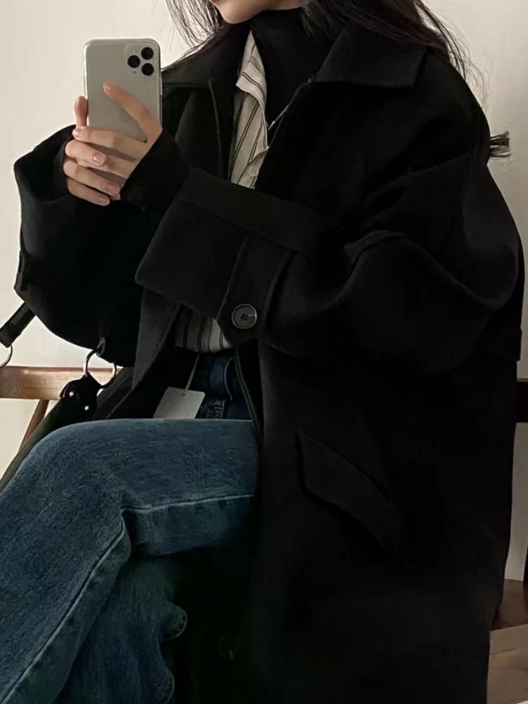 스타일 싱글 코트 오버핏 캐주얼 중간 길이 모직 자켓 오버 여성용 롱 롱코트 24FW 울 블랙 프리 사이즈 - 상세 이미지 3