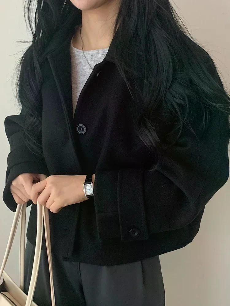 피코트 피콧 우아한 몸집이 작은 자른 모직 자켓 가을 24FW 트위드 탑 숏코트 짧은 기장 베이지 옐로우 S - 상세 이미지 3