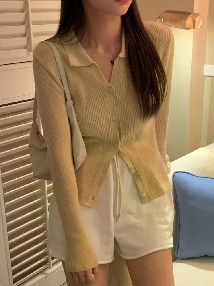 폴로 카라 긴 소매 스트라이프 스웨터 니트 여성 가을 24FW몸집이 작은 카디건 슬림 핏 스트라이프 프리 사이즈 - 상세 이미지 5