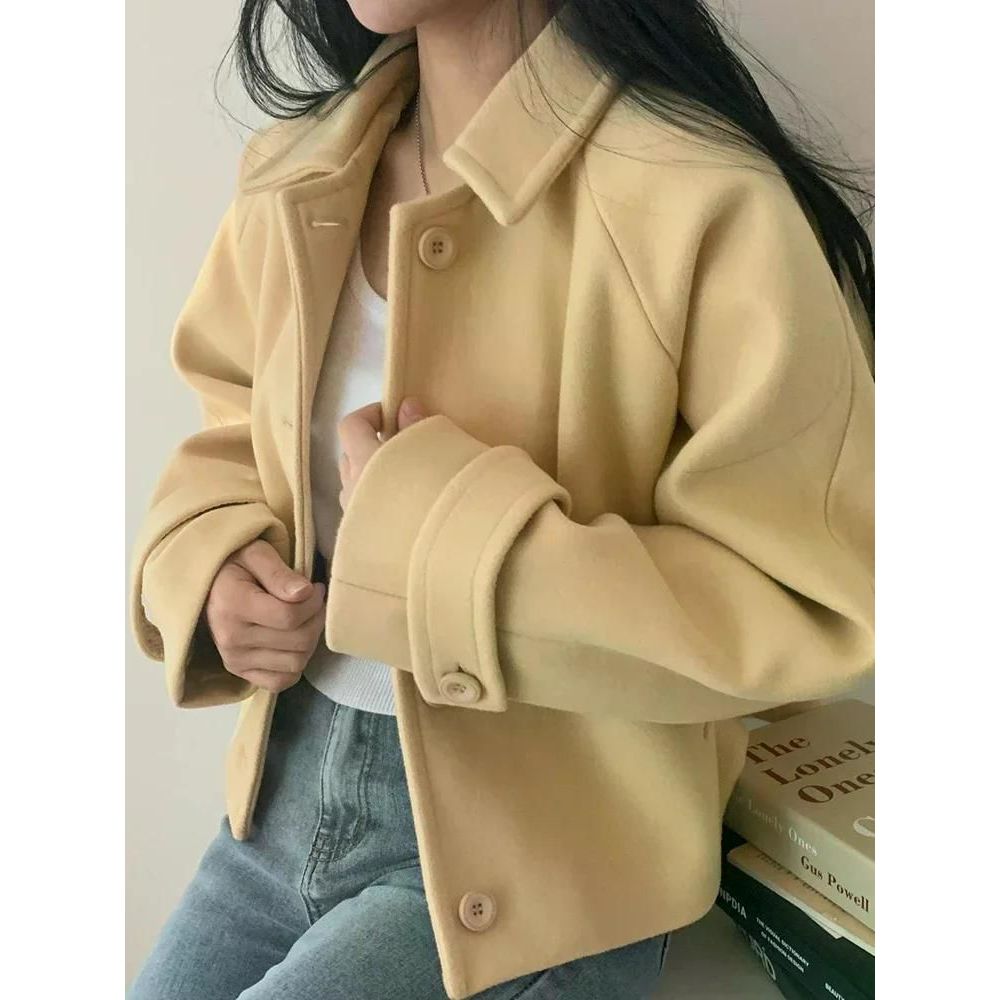 피코트 피콧 우아한 몸집이 작은 자른 모직 자켓 가을 24FW 트위드 탑 숏코트 짧은 기장 베이지 옐로우 S - 메인 이미지