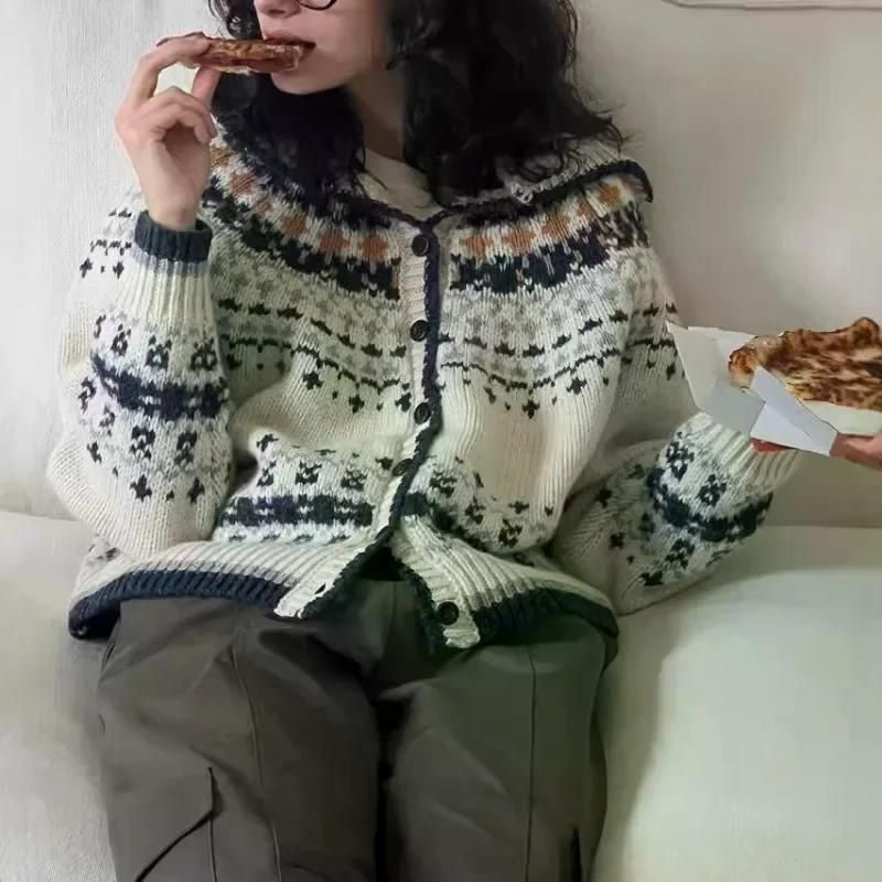 노르딕 자카드 레트로 스웨터 후디드 짧은 겨울 디자인 두꺼운 스타일 니트 가디건 가을 겨울 그레이 싱글 사이즈 - 상세 이미지 3