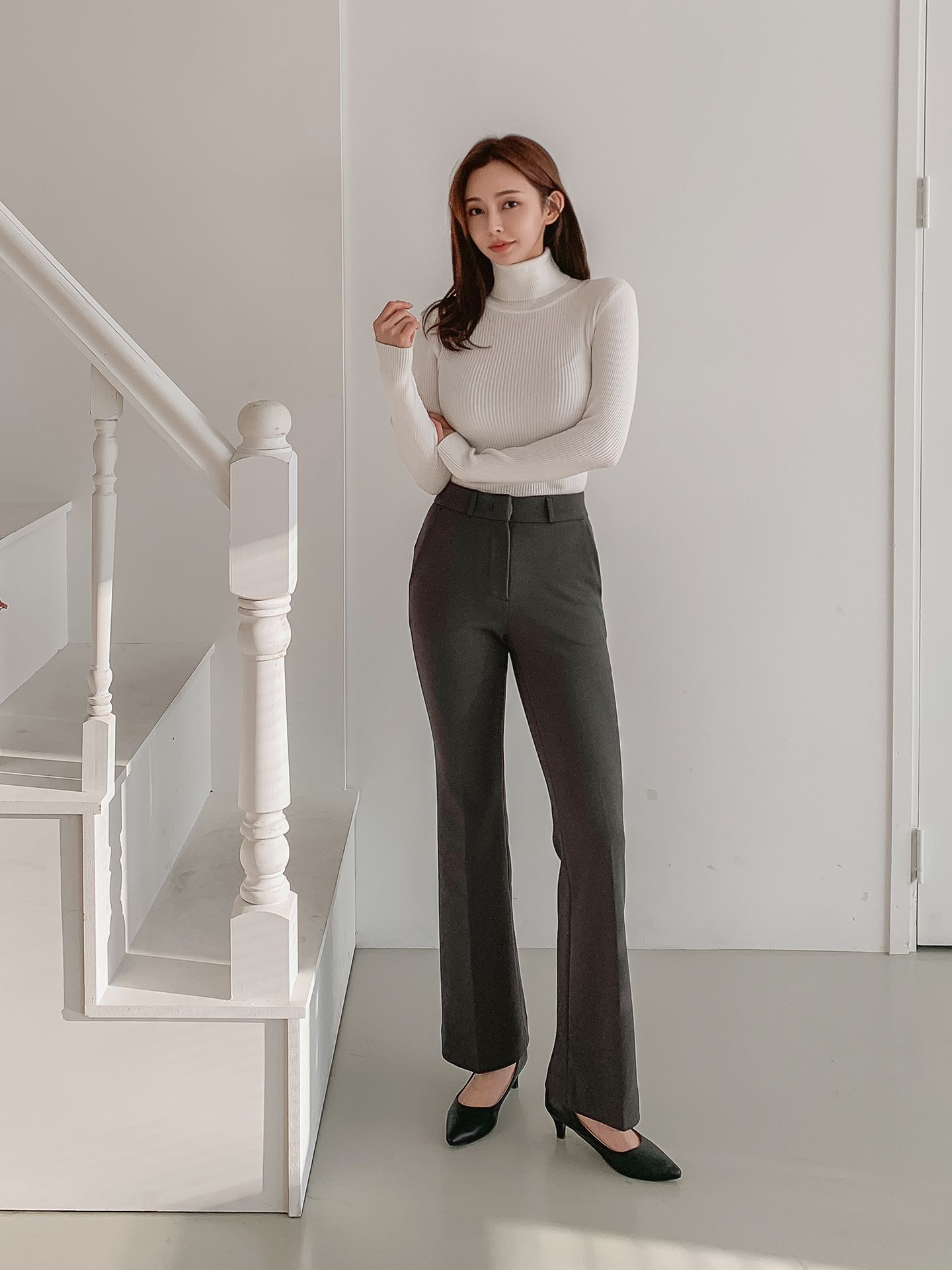 로라벨 큐델 기모바지 슬랙스 부츠컷 팬츠 여성 겨울 밴딩 세미 와이드 하이웨스트 하객룩 - 상세 이미지 2