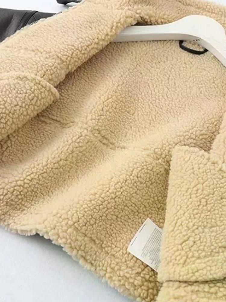 무스탕 무통 인조 양가죽 모피 짧은 자켓 및 벨트 모토 바이커 두껍고 따뜻한 코트 겨울 블랙 S - 상세 이미지 2