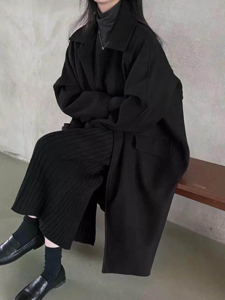 스타일 싱글 코트 오버핏 캐주얼 중간 길이 모직 자켓 오버 여성용 롱 롱코트 24FW 울 블랙 프리 사이즈 - 상세 이미지 2