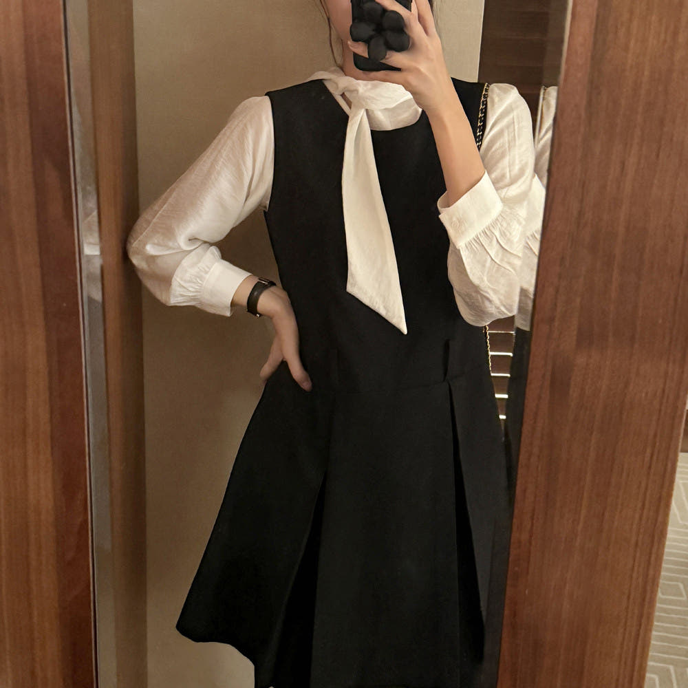 플레어 뷔스티에 레이어드 A라인 블랙 연말 모임룩 여자 결혼식 하객룩 가을 하객 원피스