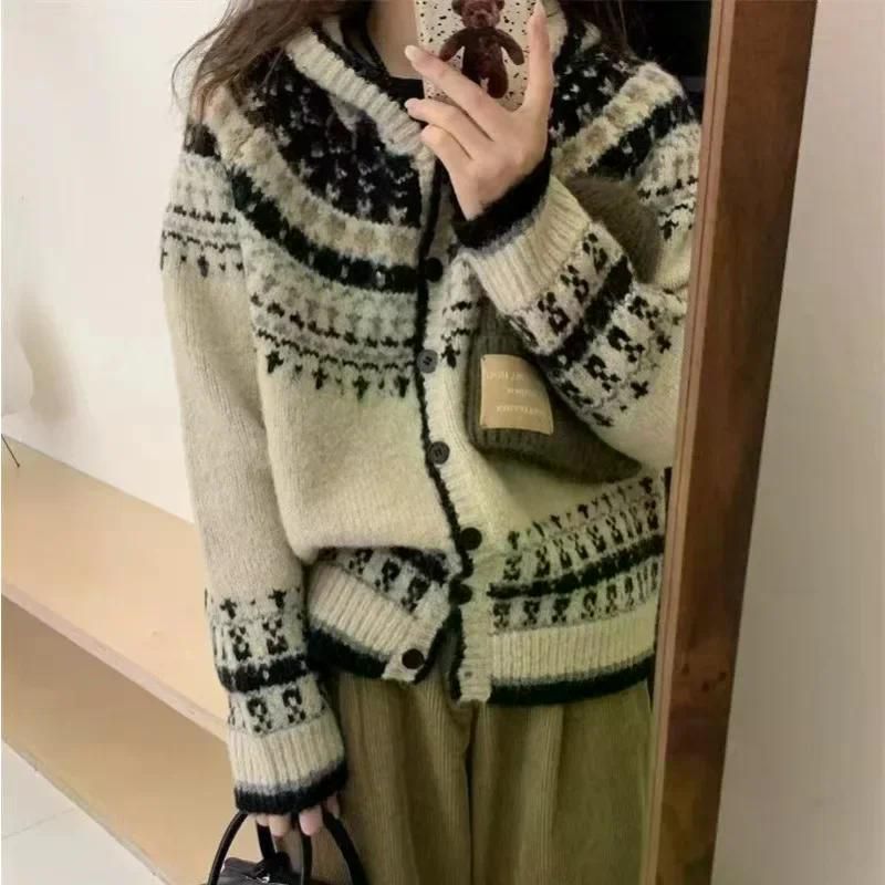 노르딕 자카드 레트로 스웨터 후디드 짧은 겨울 디자인 두꺼운 스타일 니트 가디건 가을 겨울 그레이 싱글 사이즈 - 메인 이미지