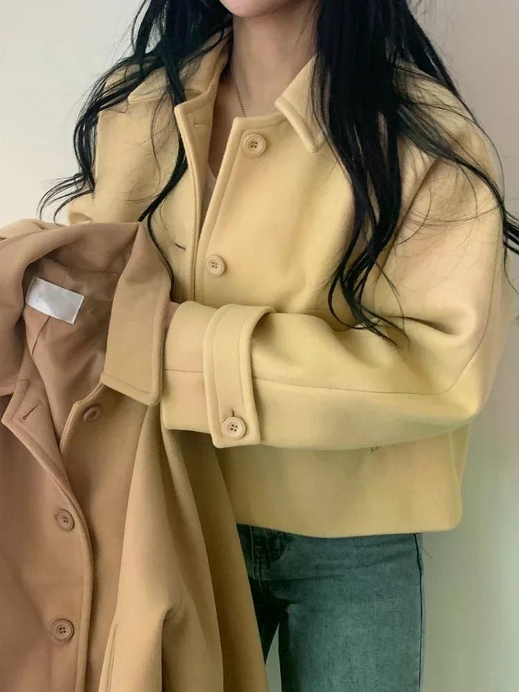 피코트 피콧 우아한 몸집이 작은 자른 모직 자켓 가을 24FW 트위드 탑 숏코트 짧은 기장 베이지 옐로우 S - 상세 이미지 2