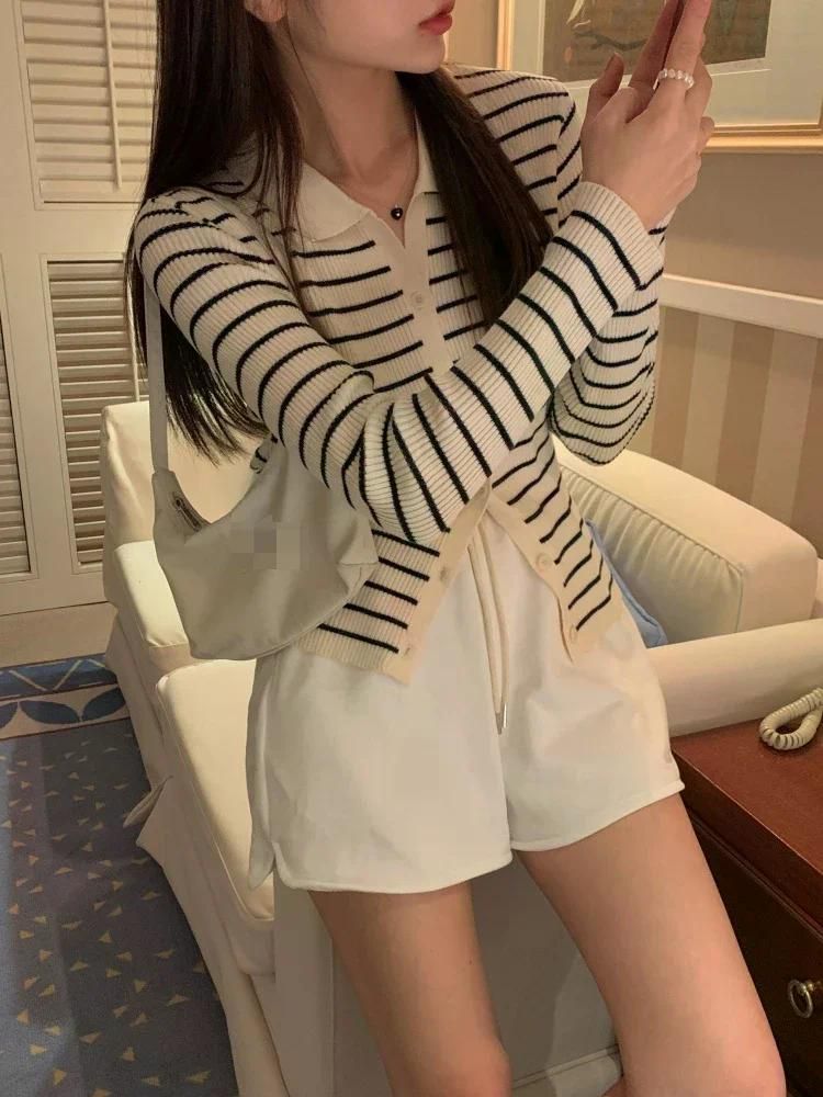 폴로 카라 긴 소매 스트라이프 스웨터 니트 여성 가을 24FW몸집이 작은 카디건 슬림 핏 스트라이프 프리 사이즈 - 상세 이미지 3