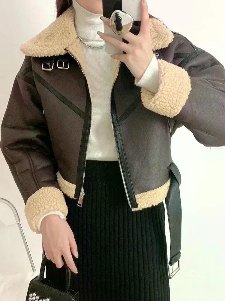 무스탕 무통 인조 양가죽 모피 짧은 자켓 및 벨트 모토 바이커 두껍고 따뜻한 코트 겨울 블랙 S - 상세 이미지 3