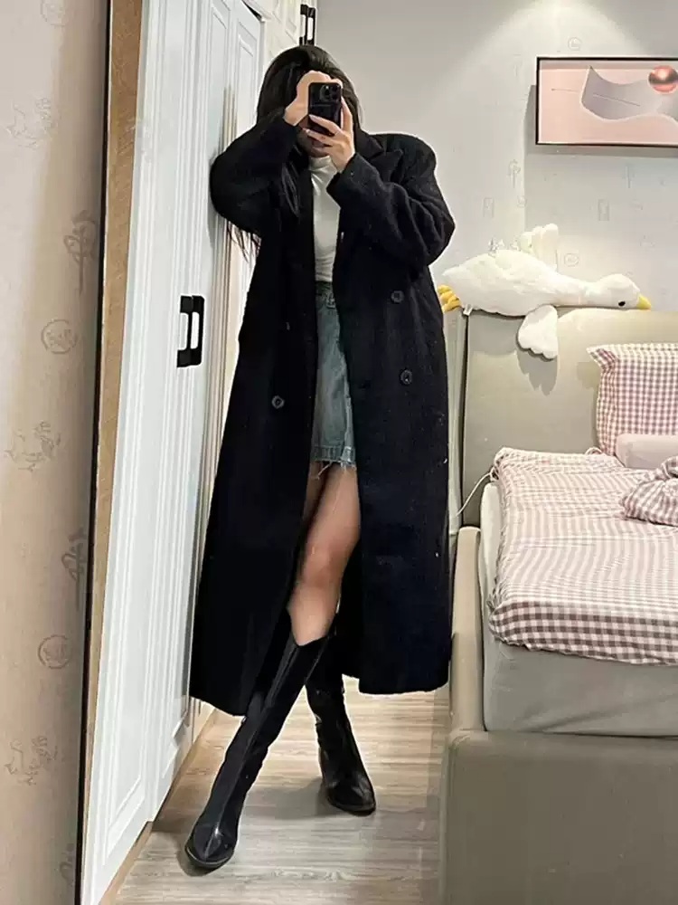 아이브 안유진 코트 블랙 인스타그램 루즈핏 모직 의상 옷 패션 - 상세 이미지 4