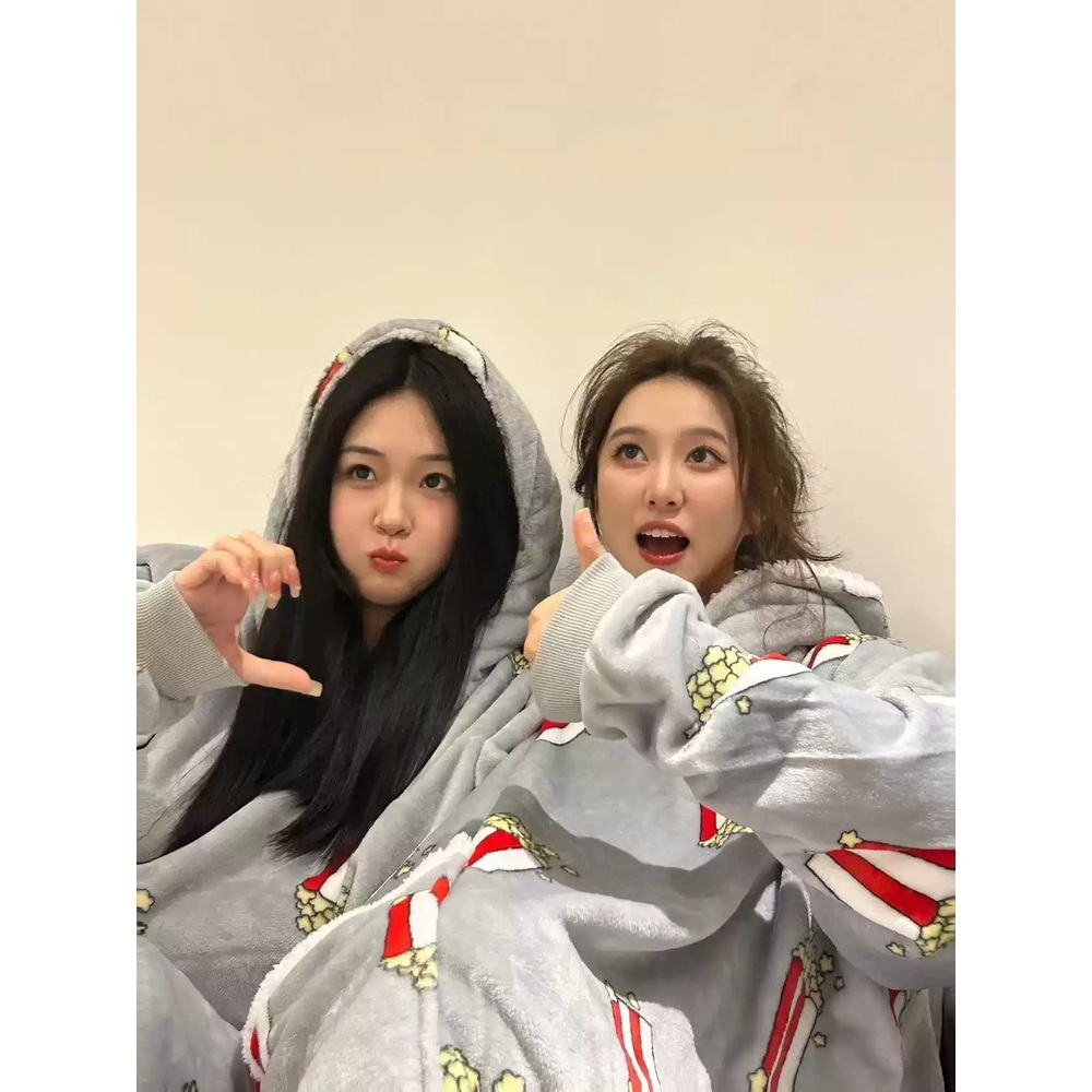 팝콘커플잠옷 담요 모자달린 붙어있는 겨울 재밌는 더블 홈웨어 후드 수면잠옷 - 상세 이미지 4