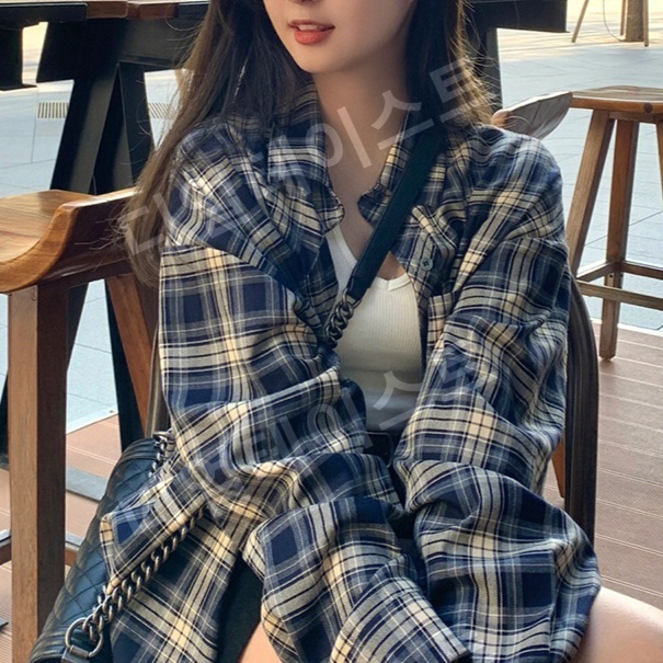 체크 셔츠 여성 긴팔 탑 - 상품 이미지