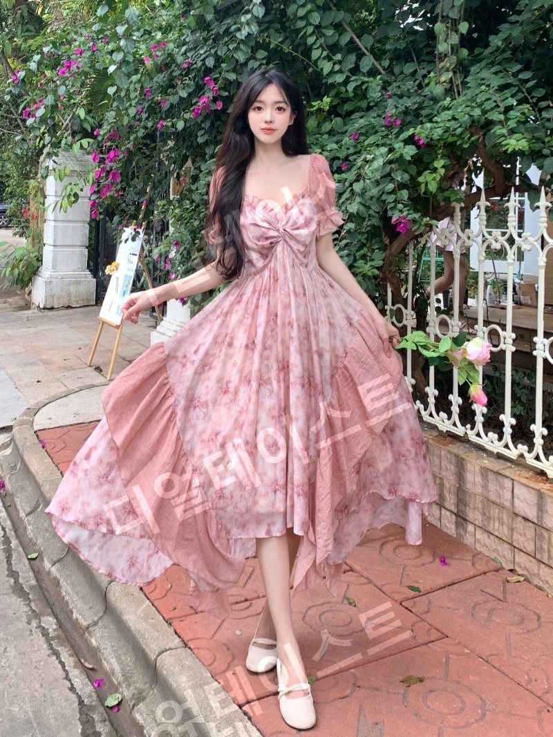 여성 프렌치 롱 스커트 프린팅 하이 웨이스트 원피스 - 상세 이미지 3