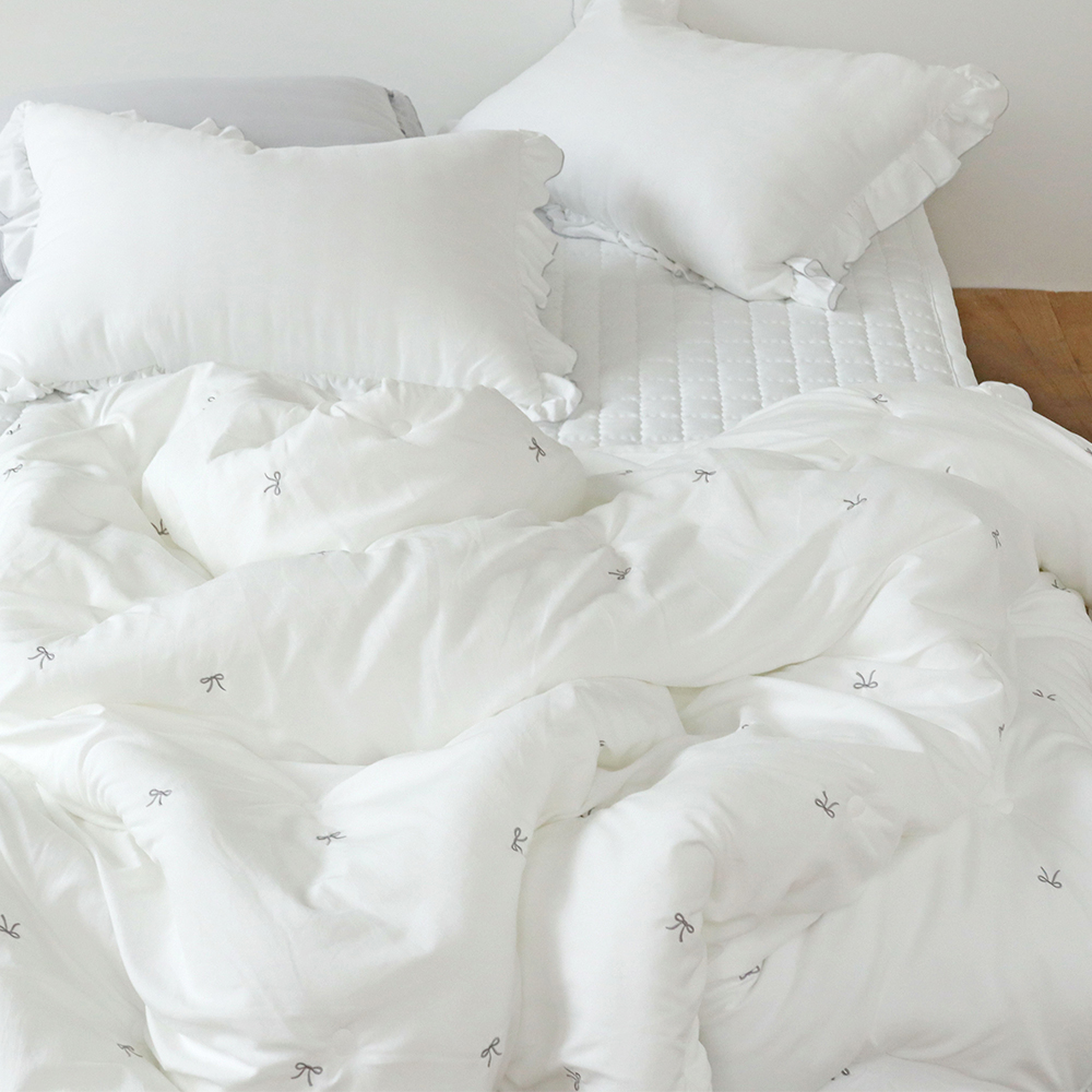 리본 자수 먼지없는 워싱 마이크로 피치스킨 얇은 봄 간절기 부드러운 차렵이불 SS