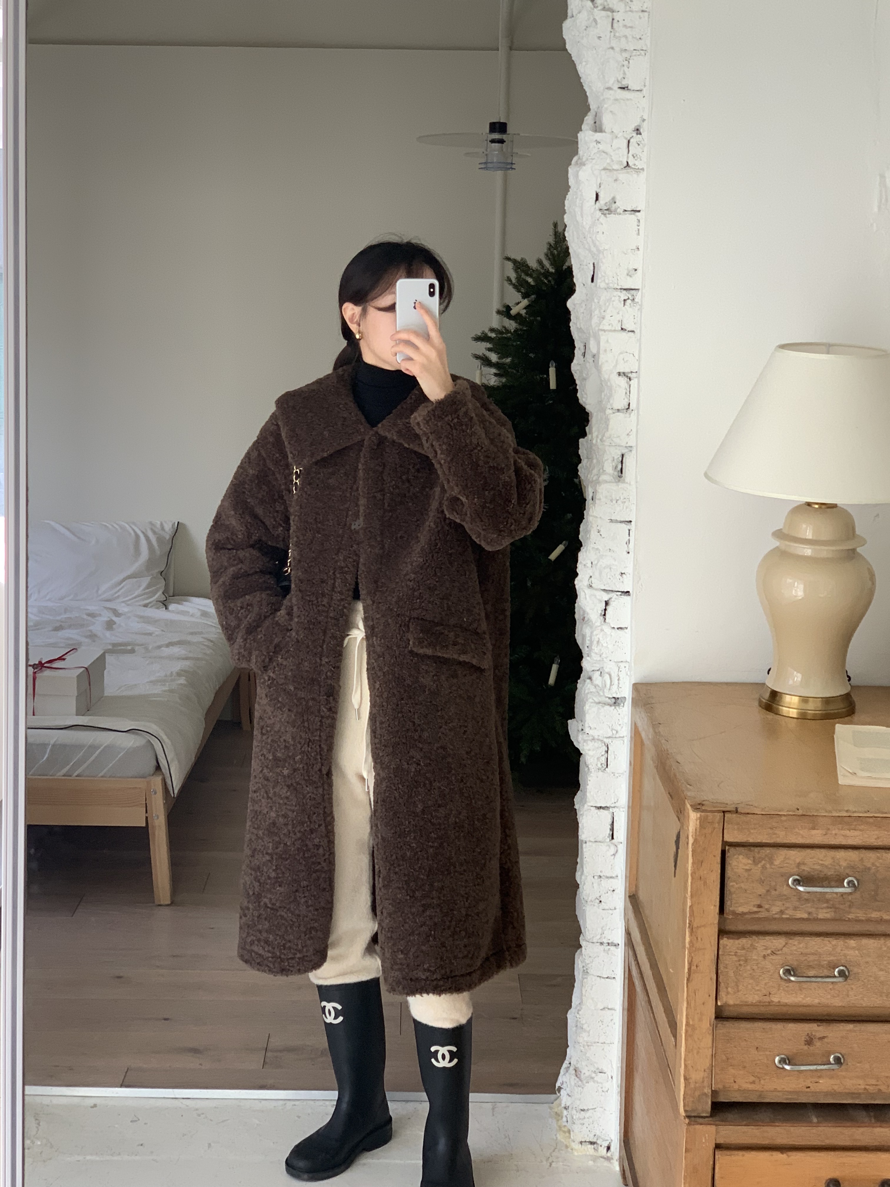 테디베어 루즈핏 카라넥 겨울 여성 양털 뽀글이 덤블 무스탕 롱코트(3color) 이미지 2