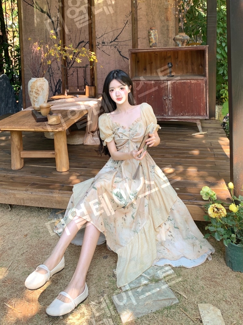 여성 프렌치 롱 스커트 프린팅 하이 웨이스트 원피스 - 상세 이미지 4