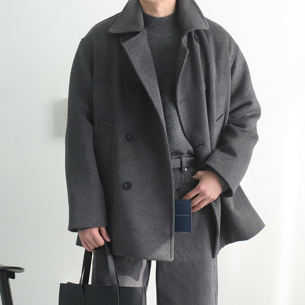 남자반코트 울 오버핏 모직 더블 남자 하프 피 코트