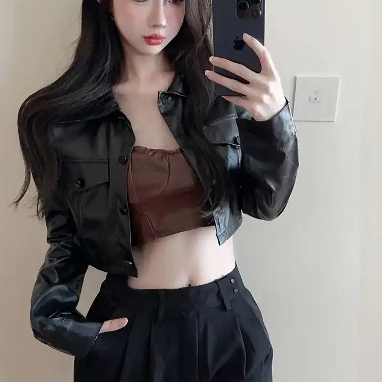 로제 레더 자켓 블랙 공항패션 크롭 가을 의상 옷 패션 - 메인 이미지