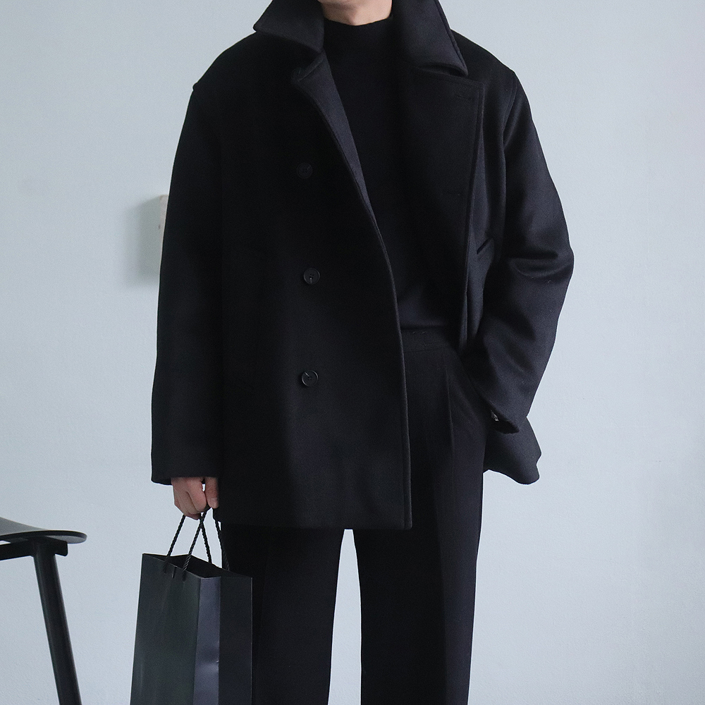 남자반코트 울 오버핏 모직 더블 남자 하프 피 코트 - 상세 이미지 3
