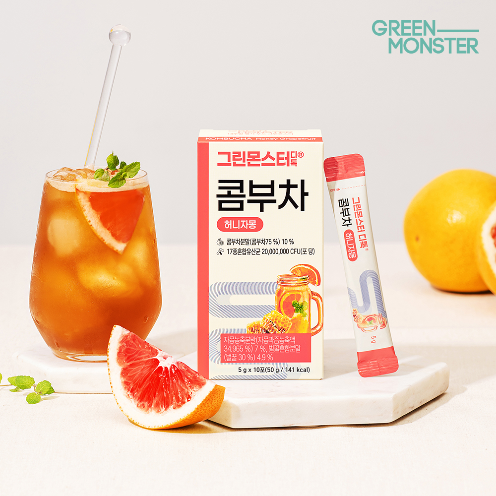 그린몬스터 디톡 콤부차 허니자몽 20억 유산균 3박스 30스틱 (블랙티 자허블 TEA 로우칼로리 저칼로리 당류0% 콤푸차 꼼부차) - 상세 이미지 3
