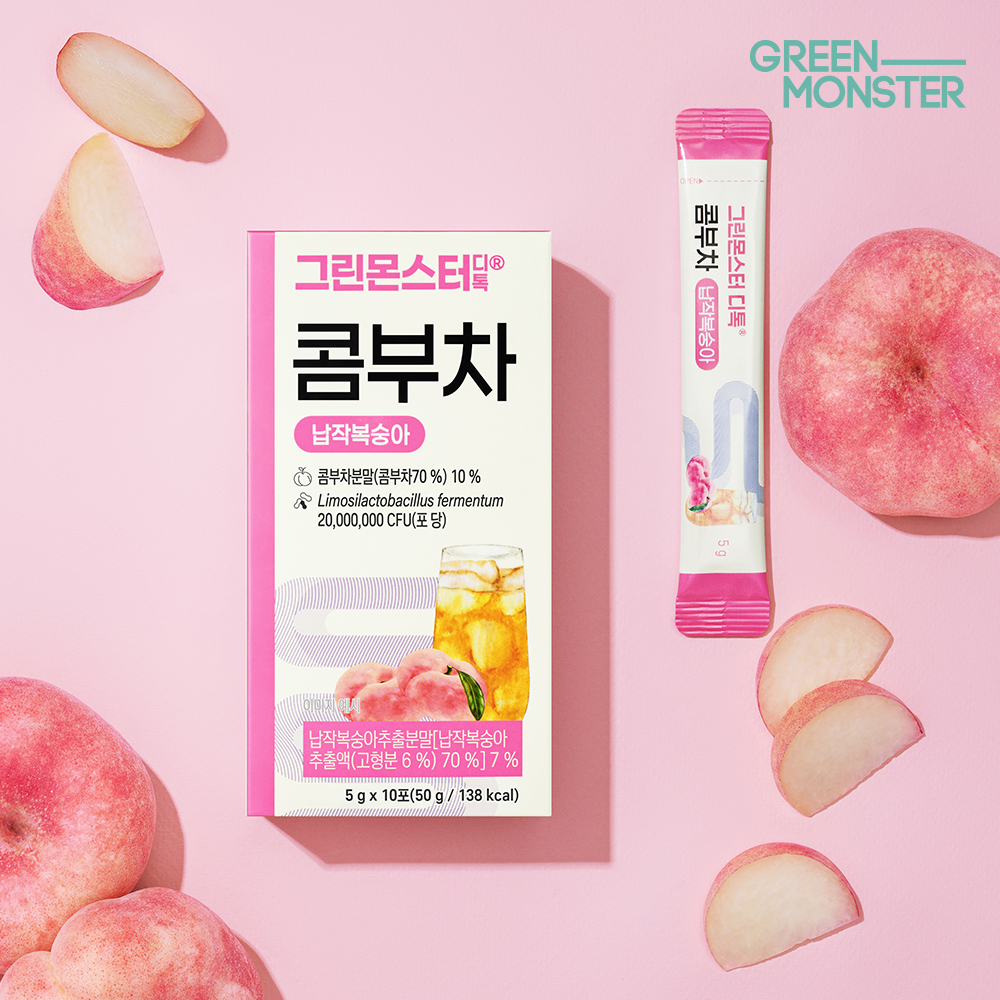 그린몬스터 디톡 콤부차 납작복숭아 20억 유산균 3박스 30스틱 (비건유산균 독일산유기농콤부차 달콤과즙 청량 체중관리) - 상세 이미지 4