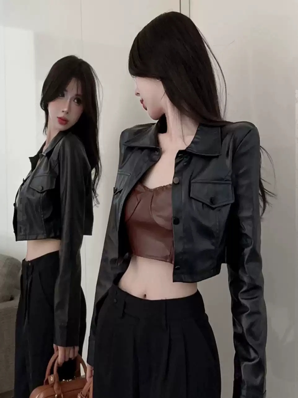 로제 레더 자켓 블랙 공항패션 크롭 가을 의상 옷 패션 - 상세 이미지 5