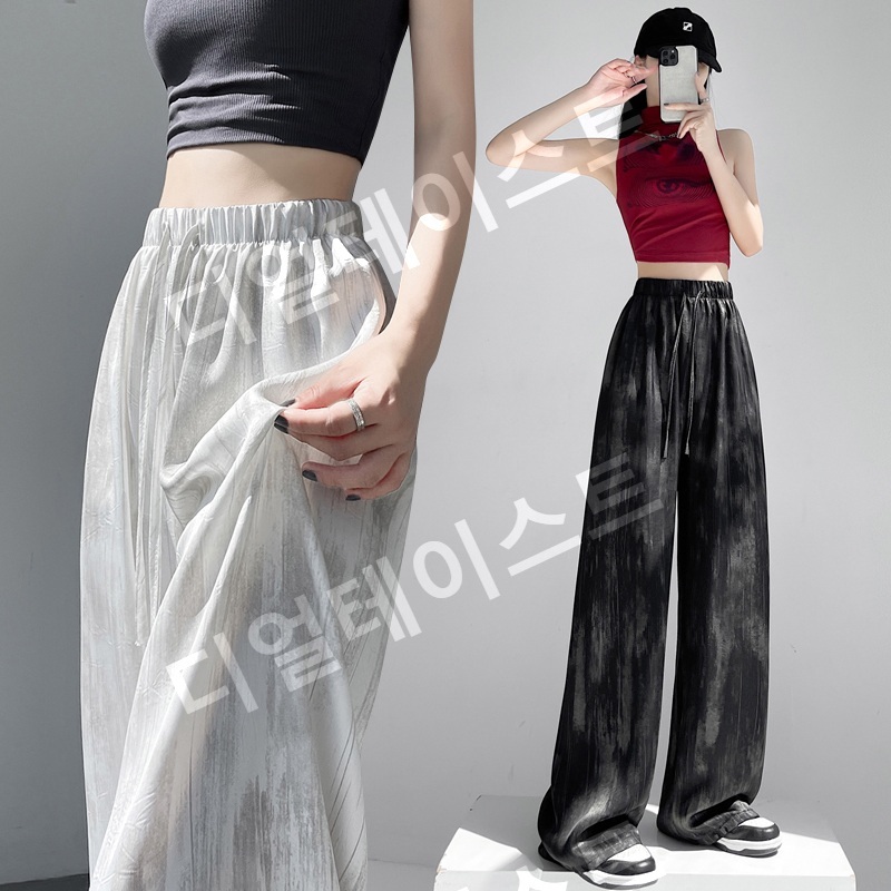 여성 아이스 실크 바지 새틴 타이다이 와이드 팬츠 - 상세 이미지 2