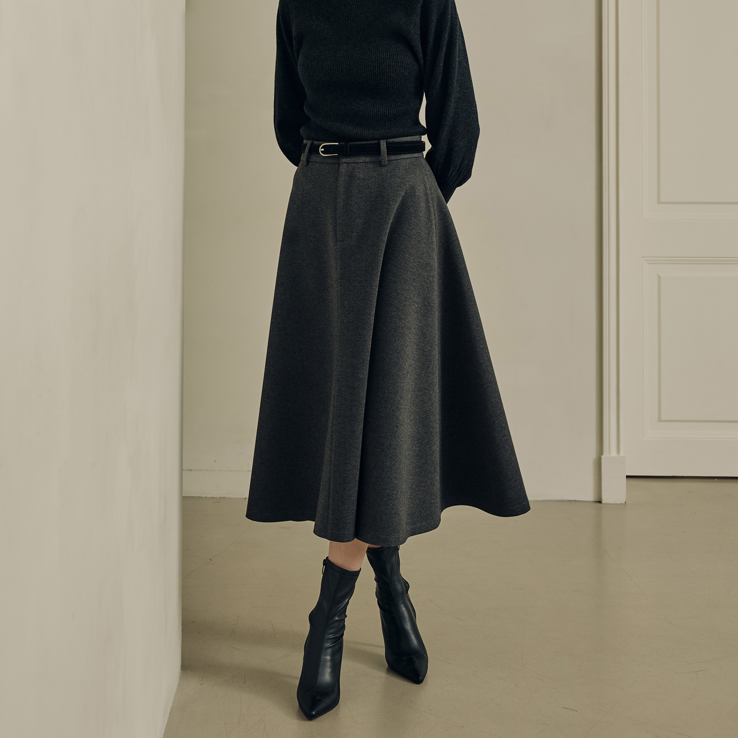 [제로스트릿] 르제로 헤링본 에이라인 플레어 스커트 LeZERO HERRINGBONE A LINE FLARE SKIRT / GRAY - 상세 이미지 3