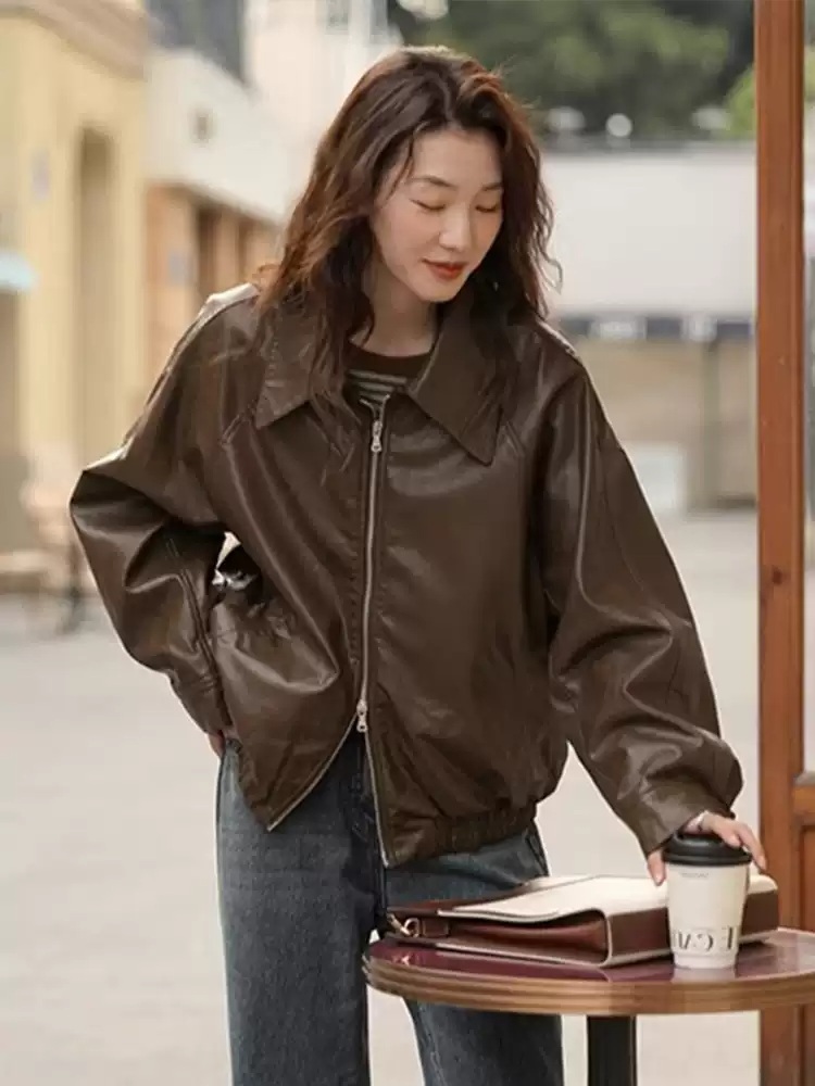 나비 자켓 레더 인스타그램 카라넥 빅사이즈 의상 옷 패션 - 상세 이미지 4