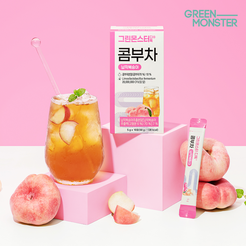 그린몬스터 디톡 콤부차 납작복숭아 20억 유산균 3박스 30스틱 (비건유산균 독일산유기농콤부차 달콤과즙 청량 체중관리) - 상세 이미지 2