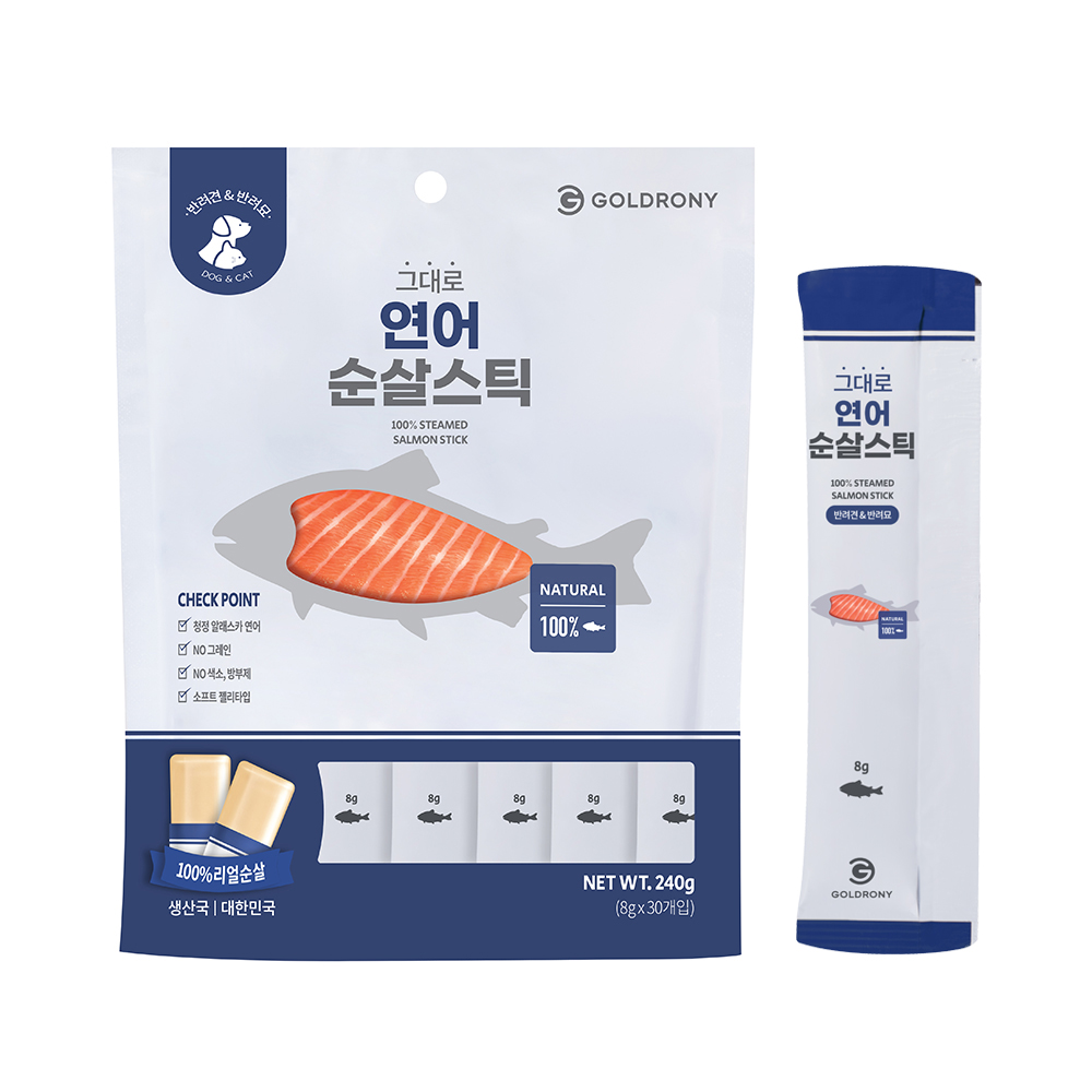 골드로니 그대로 순살스틱 강아지 애견 수제 츄르 반려견 펫푸드 간식 연어, 8g, 30개 제품 이미지