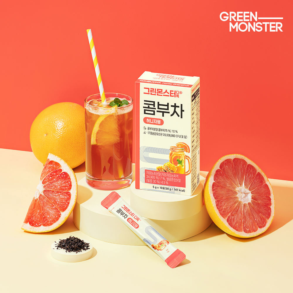 그린몬스터 디톡 콤부차 허니자몽 20억 유산균 3박스 30스틱 (블랙티 자허블 TEA 로우칼로리 저칼로리 당류0% 콤푸차 꼼부차) - 상세 이미지 2