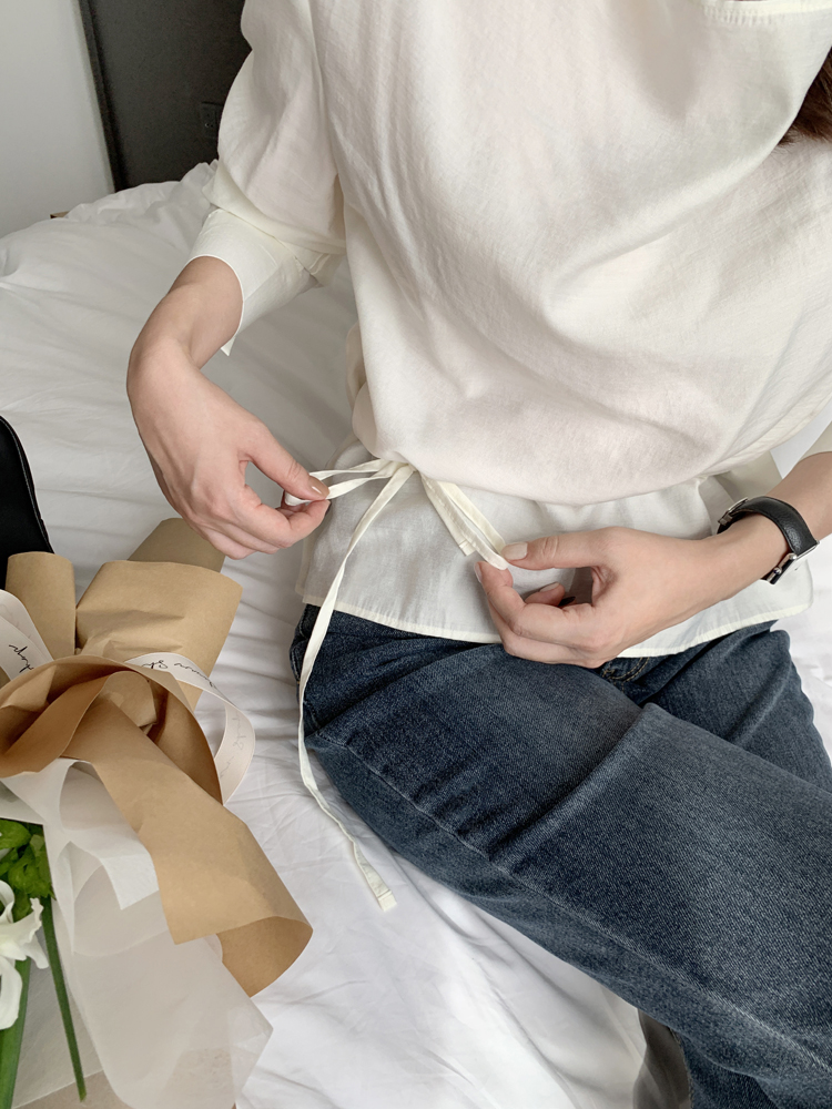 드뮤어 허리 스트링 드레이프 가을 여성 블라우스 하객 긴팔 새틴 블라우스 - 상세 이미지 5