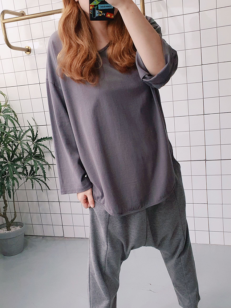 (무배) 워싱 식스 와이드 소매 면 티셔츠 - 메인 이미지