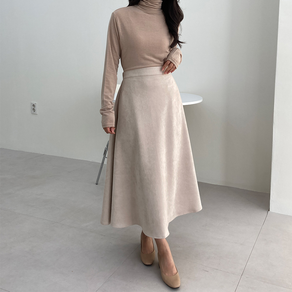 스웨이드 세무 모직 햅번 플레어 주름 롱스커트 - 상세 이미지 4