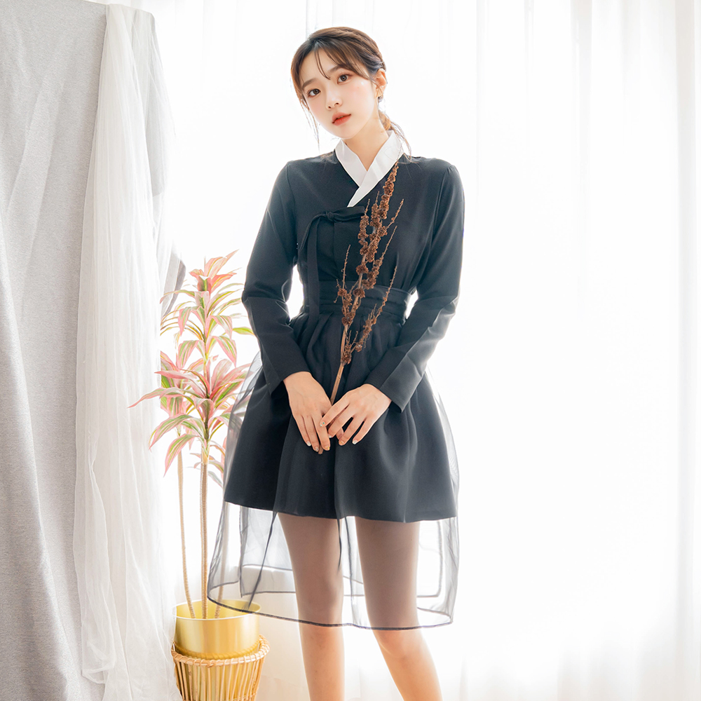 귀연 블랙 쉬폰 허리치마 생활한복 개량 계량 퓨전 반티 - 상품 이미지