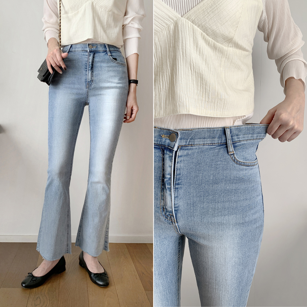 하이웨스트 스판 허리 밴딩 부츠컷 청바지 세미 와이드 청바지 데님 팬츠 봄 여성 청바지