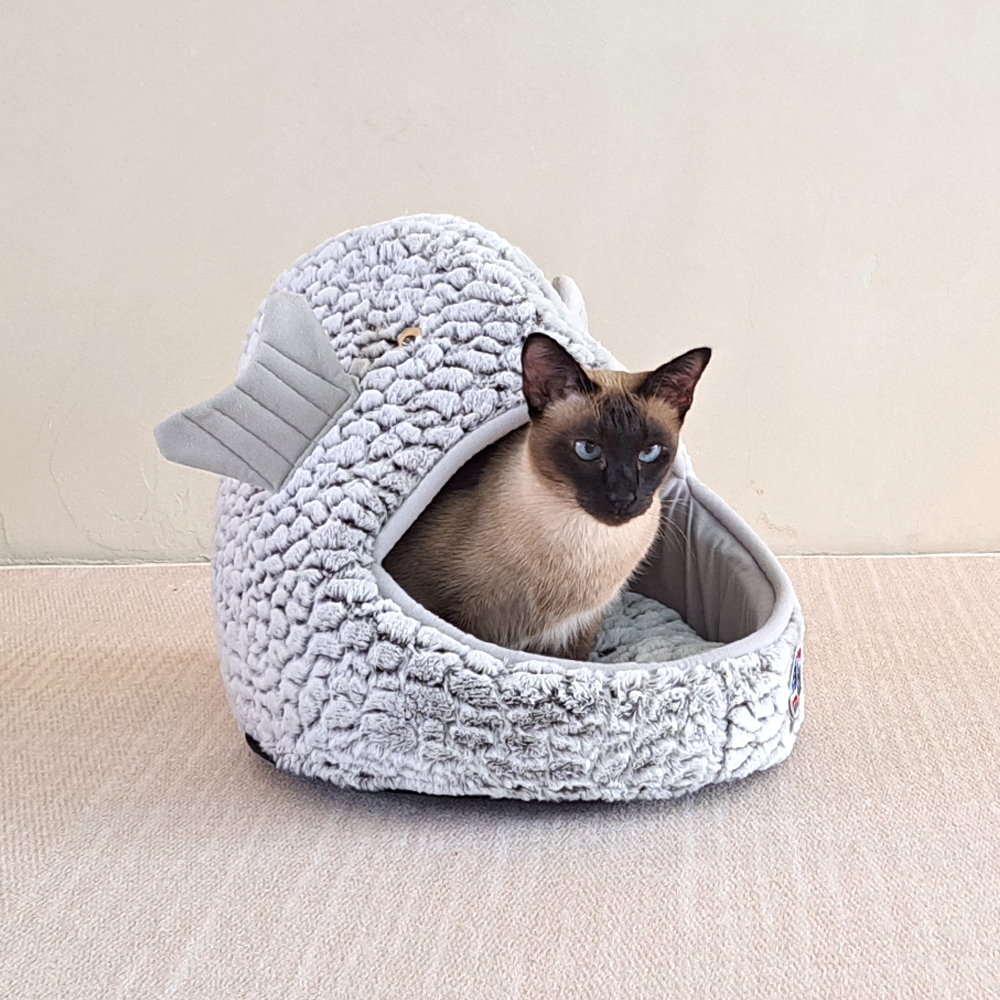 개과천선 물고기 숨숨 고양이 하우스 귀여운 반려묘 극세사 숨숨집 강아지 꿀잠 침대 그레이 - 상품 이미지