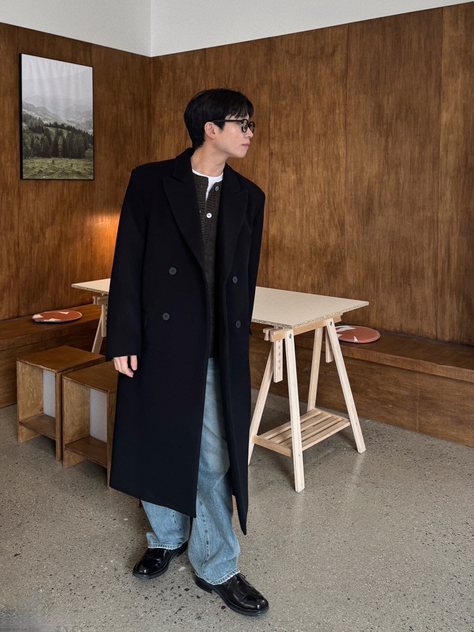 필립 소프트 오버핏 울 더블코트 / 남자 겨울 데일리 루즈핏 블랙 카멜 브라운 롱코트 이미지 7