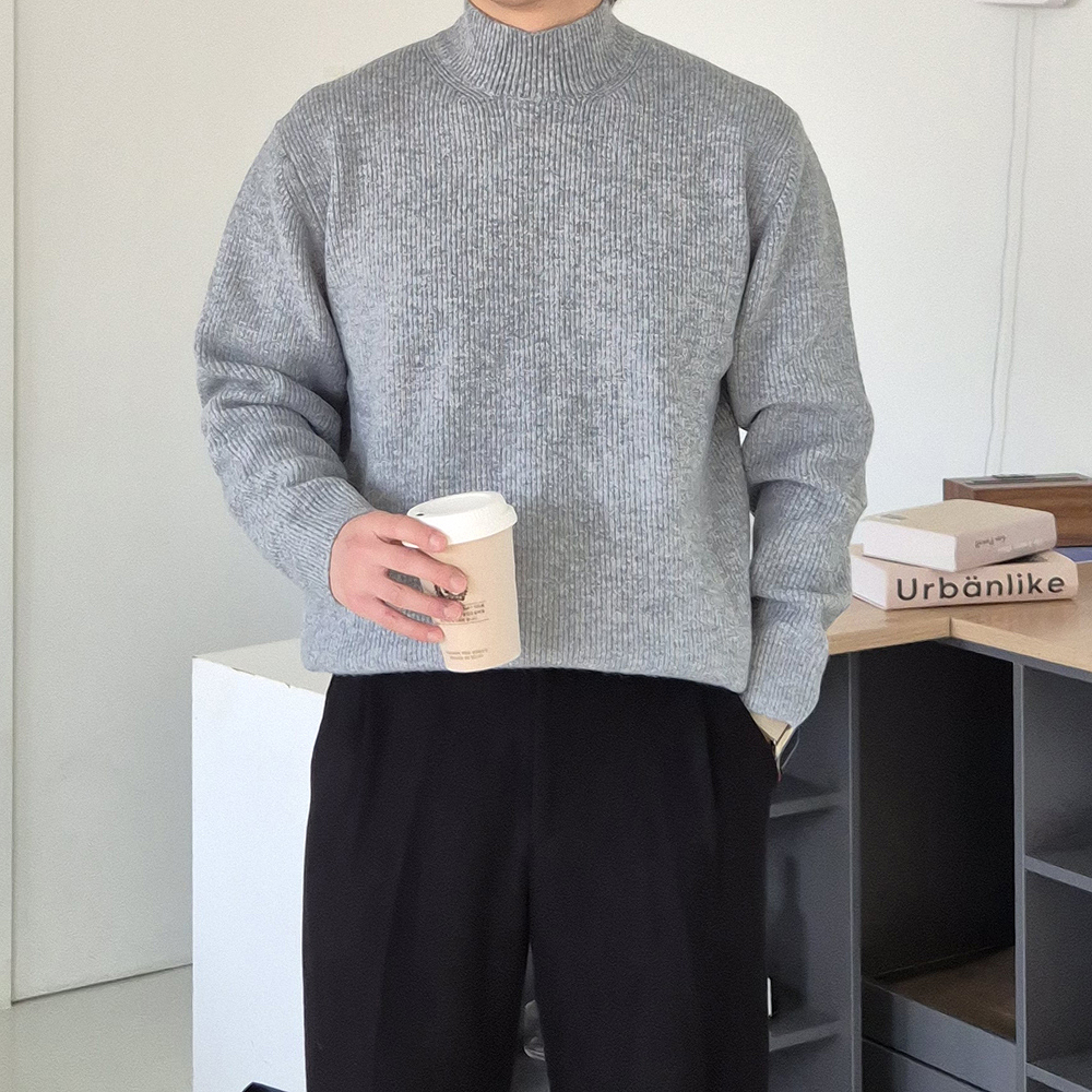남자 반목폴라 두꺼운 오버핏 캐시미어 모크넥 남자 니트 - 상세 이미지 5