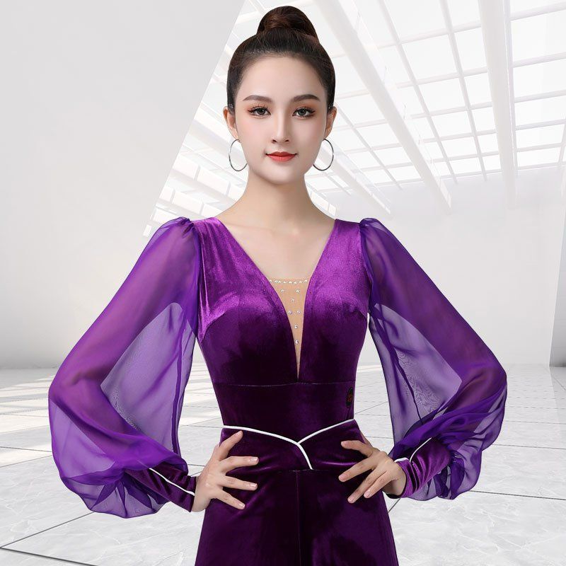 슬림핏 벨벳 댄스복 블라우스 바지 바디 트레이닝복 에티켓 아름다운 복장 왈츠 탑 바이올렛 탑 S - 상세 이미지 2