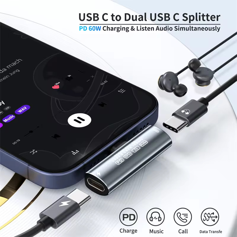 스틱pc 미니피씨 USB C 분배기 C타입에서 듀얼 C타입 충전 데이터 변환기 케이블 2 in 1 PD60W USB-C 고속 충전기 화웨이 삼성 호환... 